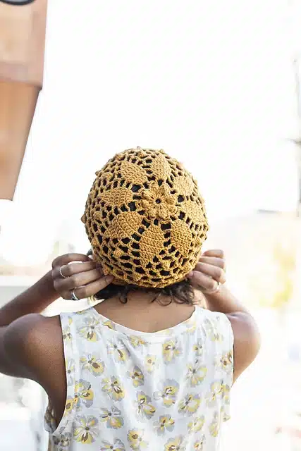 yellow crochet mandala beanie