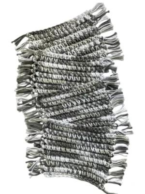 grey and white fringed crochet mug rugs