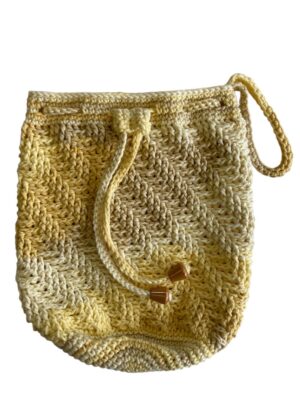 yellow crochet drawstring bag with hand strap