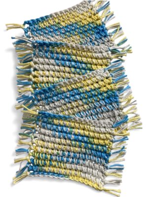 blue and yellow fringed crochet mug rugs