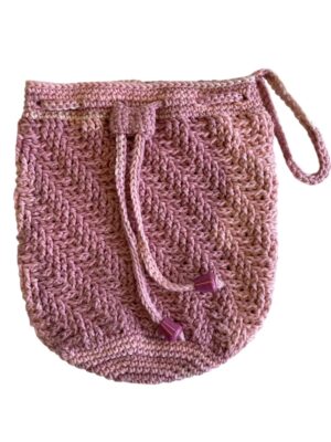 pink crochet drawstring bag with hand strap