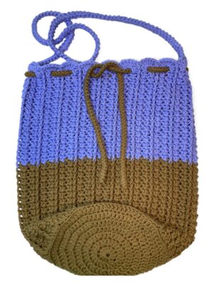 purple and khaki crochet drawstring bag