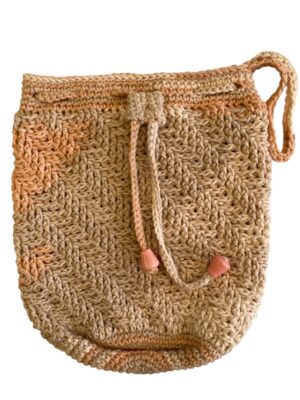 salmon crochet drawstring bag with hand strap