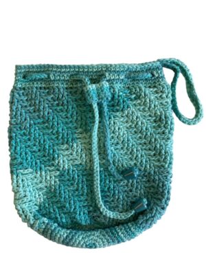 aqua crochet drawstring bag with hand strap