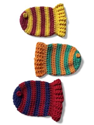 3 crochet fish mitts