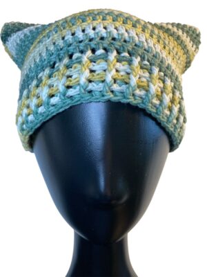 green and yellow crochet cat ear beanie