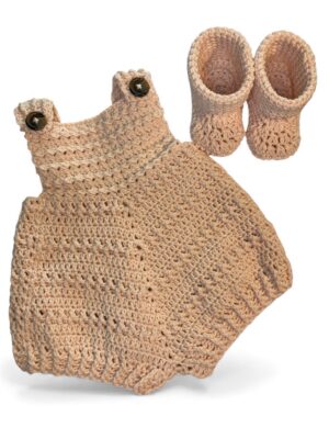crochet romper and baby booties in light salmon