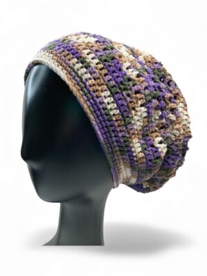 purple multicoloured crochet slouchy beanie on mannequin head