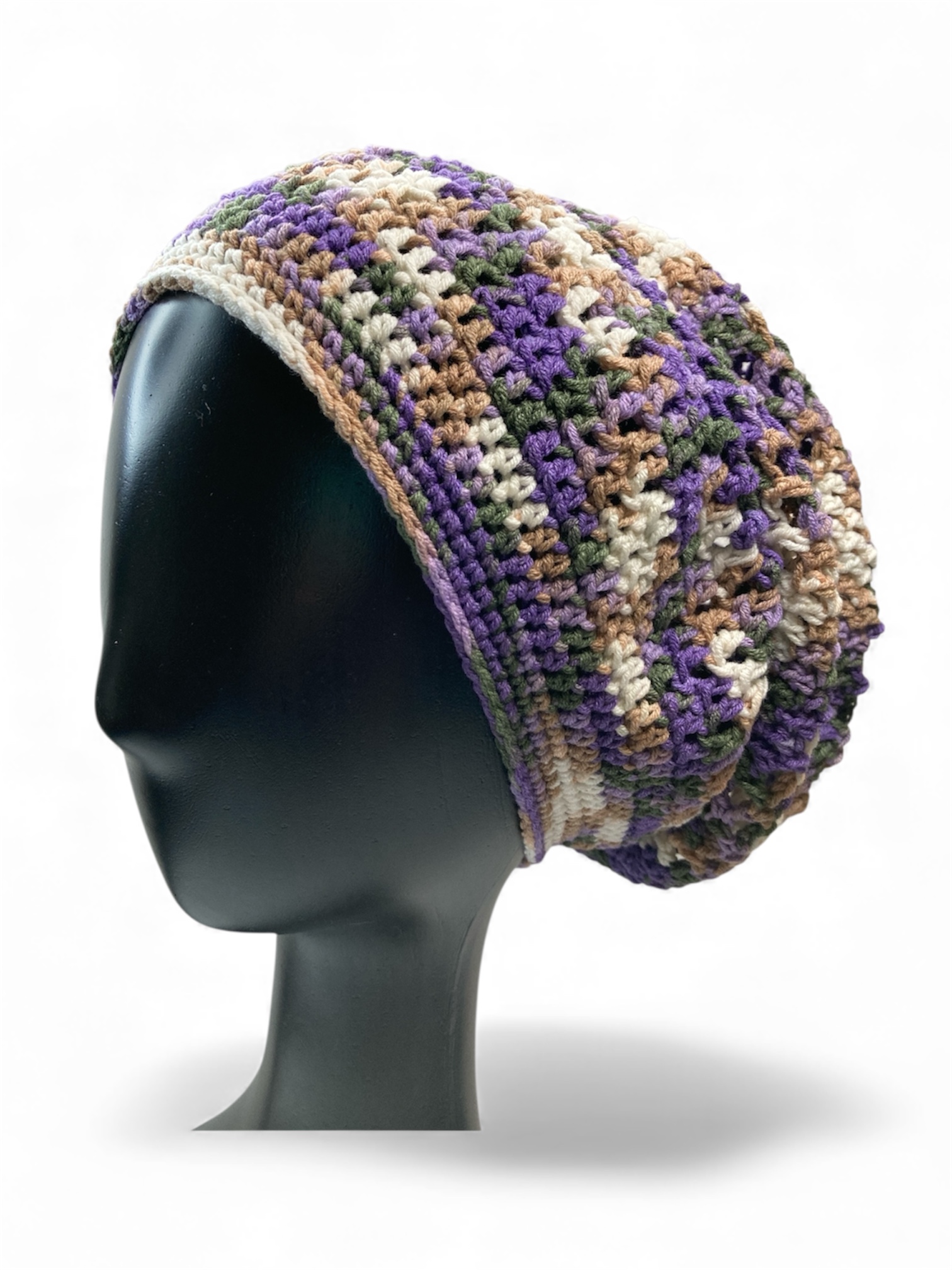 purple multicoloured crochet slouchy beanie on mannequin head