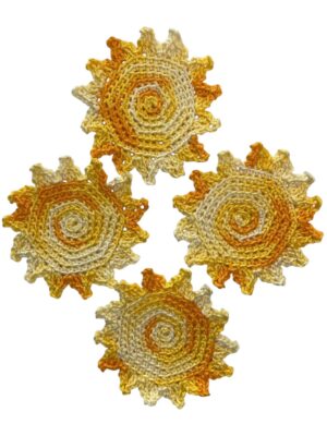 set of 4 sun coasters in yellow variegated yarn
