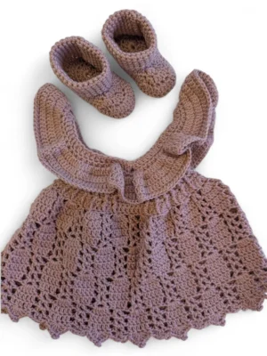 crochet baby dress and booties mushroom pink