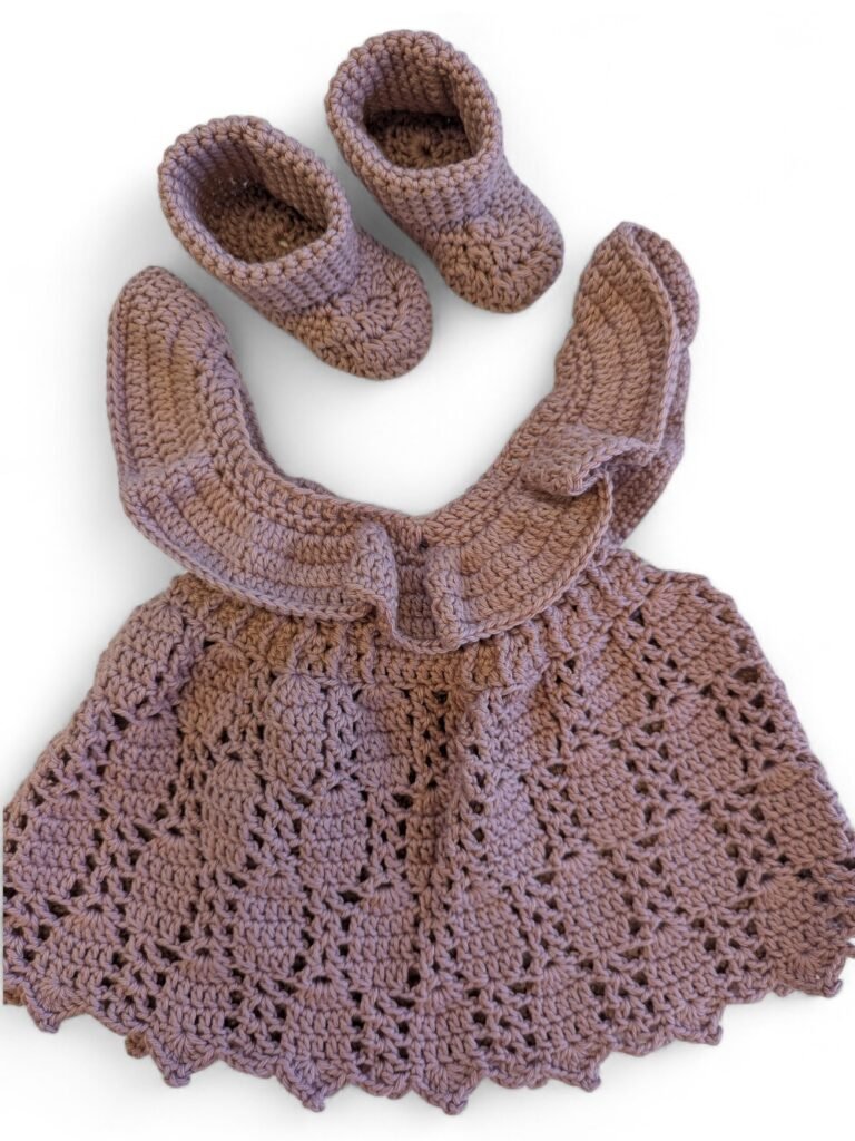 crochet baby dress and booties mushroom pink