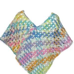 crochet rainbow poncho in checkerboard lace pattern