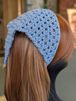 crochet blue metallic bandana head scarf